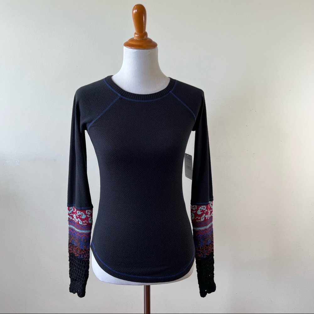 Free People | Black Combo Knit Crochet Long Sleeve Top